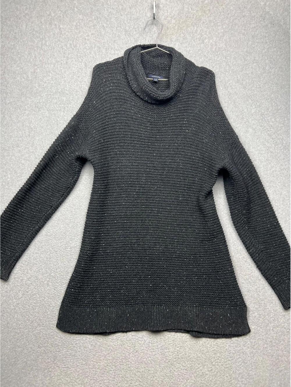 Lands End Cowl Neck Tight Knit Sweater Dress Womens L /T 14/16 Marled Gray
